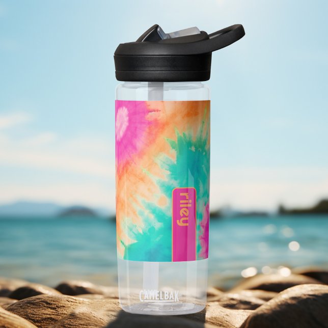 Bouteille D'eau Tie Dye Motif Hot rose orange Turquoise - nom pers (Personalized Water Bottle)