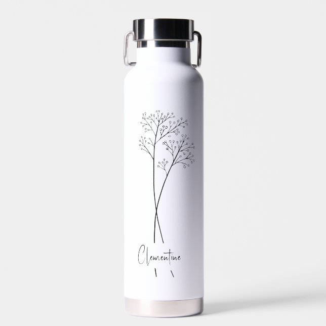 Bouteille D'eau tige de fleurs, typographie de script noir (Avant)