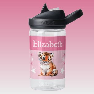 Bouteille D'eau Tigre mignon ajouter nom avec étoiles enfants rose