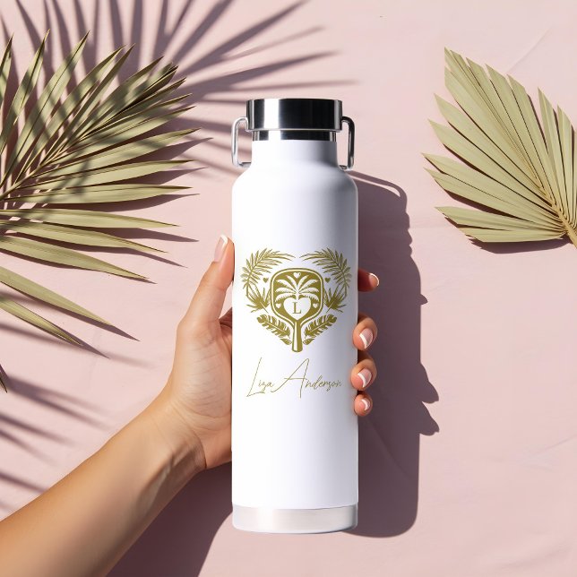 Bouteille D'eau Tirée rétro de palmiers tropicaux pour une douche  (Retro Tropical Palm Tree Pickleball Bridal Shower Water Bottle)