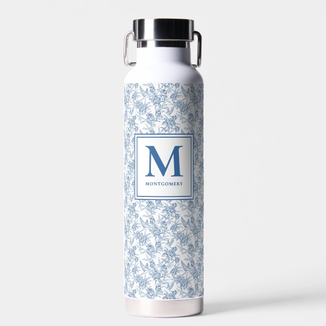 Bouteille D'eau Toile Bleue Monogramme Français Nom (Avant)