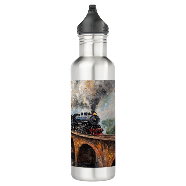 Bouteille D'eau Train à vapeur sur un pont - Peinture à l'huile (Droite)