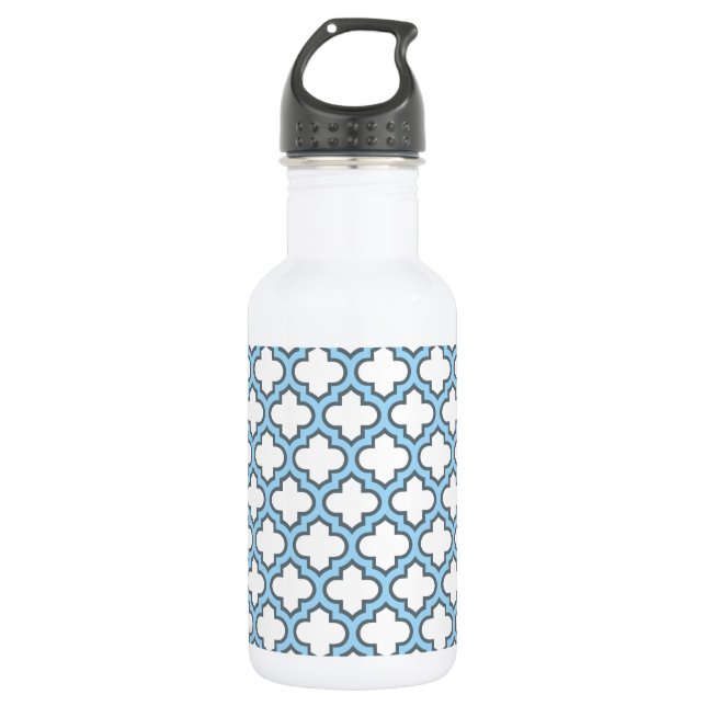 Bouteille D'eau Trellis Blanc et Bleu Bébé, Treillis, Quatrefeuill (Devant)