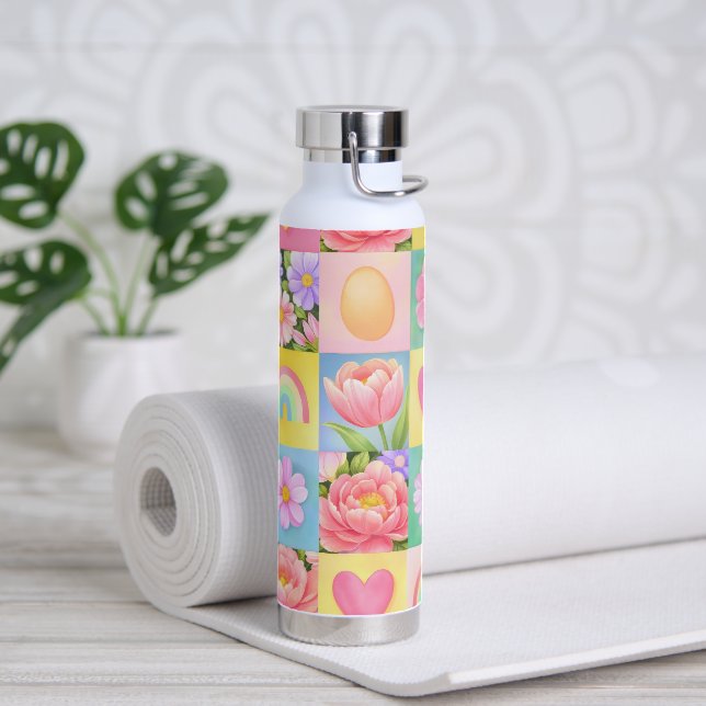 Bouteille D'eau Trendy Floral Checkerboard Spring Pattern (Yoga (pivoté))