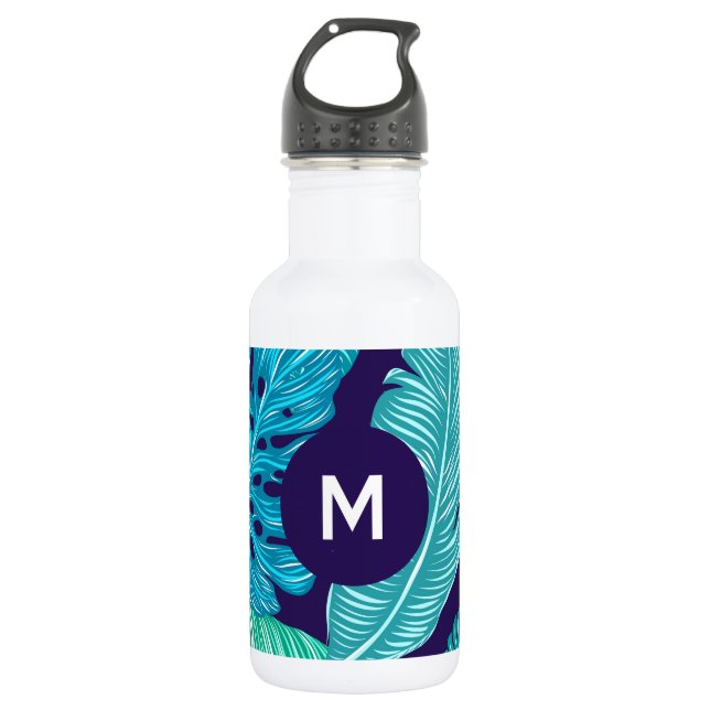 Bouteille D'eau Tropical Green Blue Leaves Pattern Monogram (Devant)
