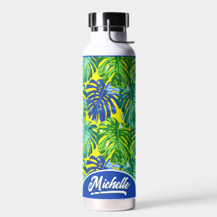 Bouteille D'eau Tropical Green Jaune Jungle Feuilles Nom Personnal