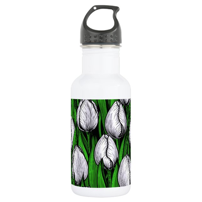 Bouteille D'eau Tulières blanches avec feuilles verts (Devant)