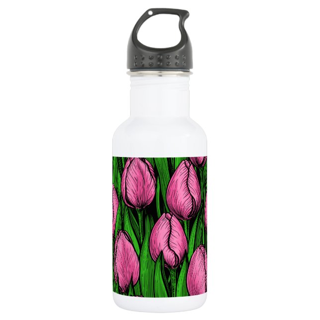 Bouteille D'eau Tulières roses avec feuilles verts (Devant)
