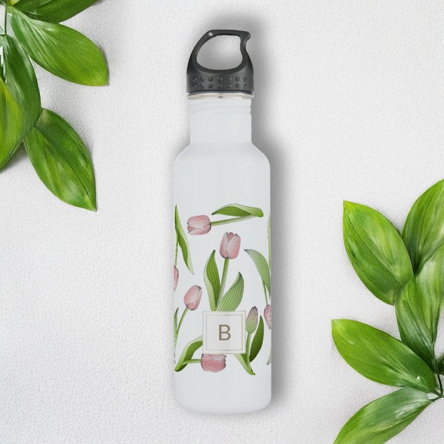 Bouteille D'eau Tulipe rose moderne monogramme (Créateur téléchargé)