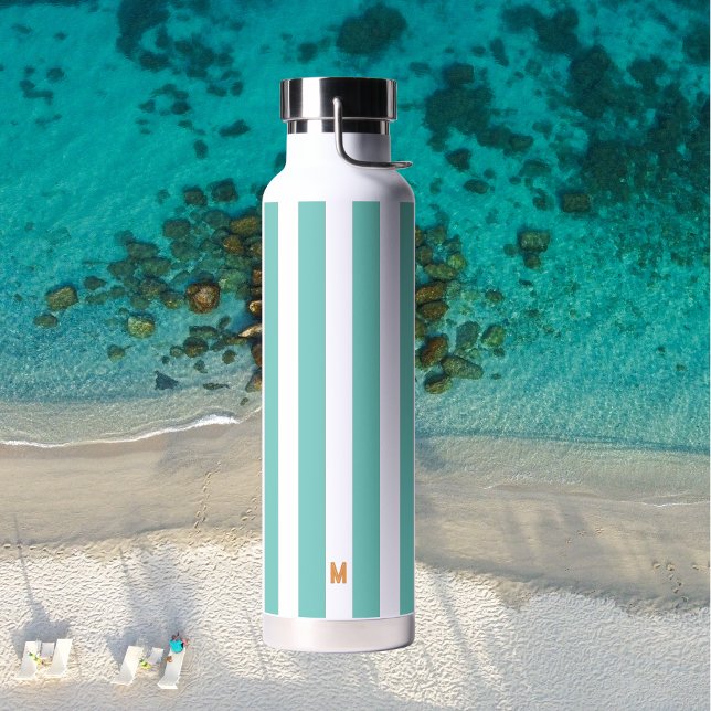 Bouteille D'eau Turquoise bande de cabane et monogramme orange per (Créateur téléchargé)