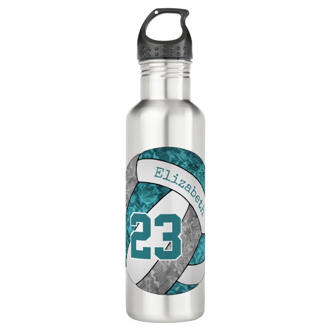 Bouteille D'eau turquoise gris blanc volley filles nom numéro (Devant)