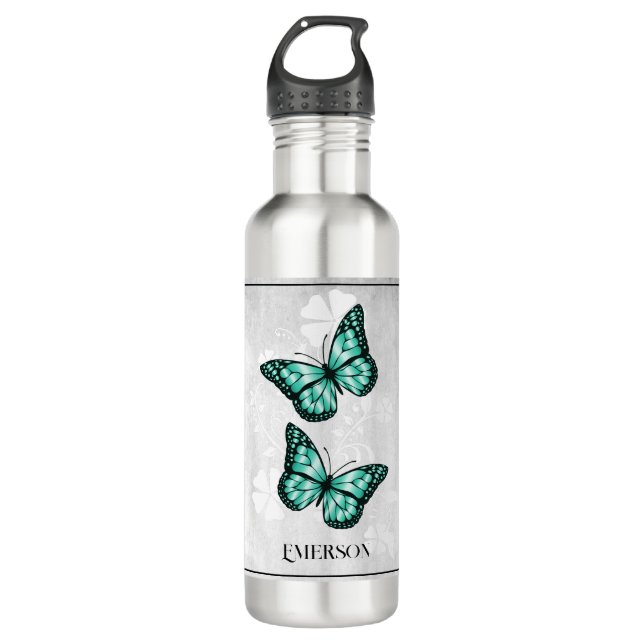 Bouteille D'eau Turquoise papillon floral personnalisé (Devant)