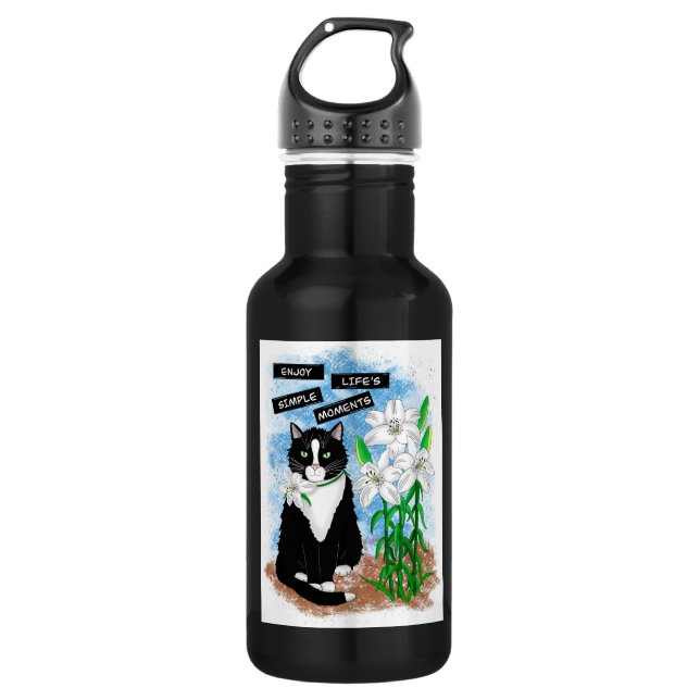 Bouteille D'eau Tuxedo Chat et Lilies | Devis inspirant (Devant)