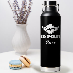 Bouteille D'eau Typographie CO-PILOTE moderne Avion, noir & blanc