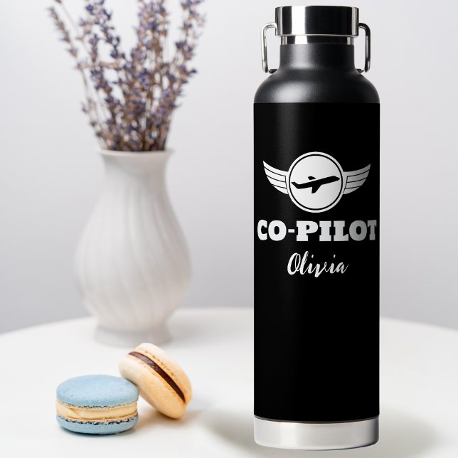 Bouteille D'eau Typographie d'avion CO-PILOTE moderne, noir et bla (Créateur téléchargé)