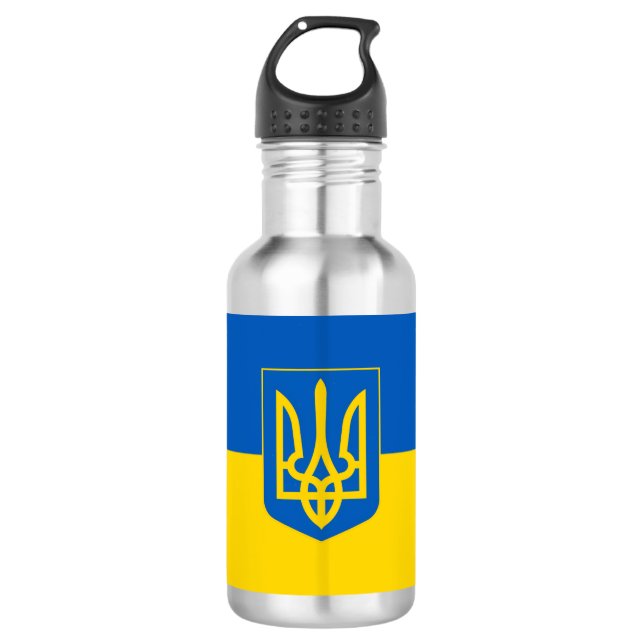 Bouteille D'eau Ukrainian flag. Coat of Arms. We support Ukraine.  (Devant)