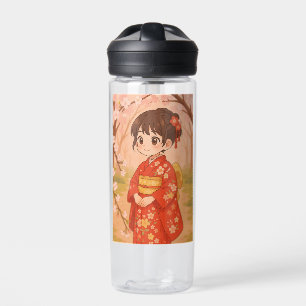 Bouteille D'eau Une fille japonaise mignonne dans un jardin de fle