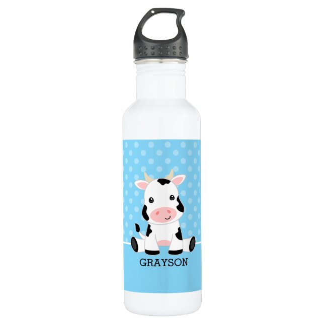 Bouteille D'eau Vache bleu Polka point Personnalisé Garçon (Devant)