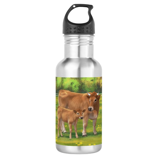 Bouteille D'eau Vache d'Aubrac et veau mignon dans le pâturage de  (Devant)