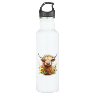 Bouteille D'eau Vache Highland avec Couronne de fleurs de tourneso