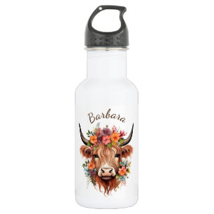 Bouteille D'eau Vache Highland moderne aux fleurs de saumons