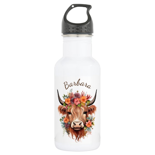 Bouteille D'eau Vache Highland moderne aux fleurs de saumons (Devant)