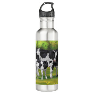 Bouteille D'eau Vache Holstein et veau mignon en pâturage d'été