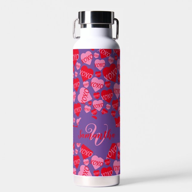 Bouteille D'eau Valentine Monogramme rose Coeur rouge XOXO violet (Avant)