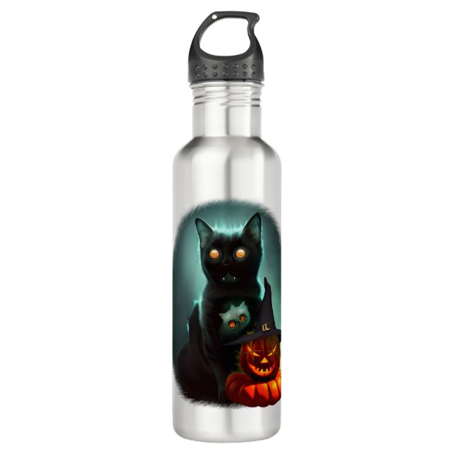 Bouteille D'eau Vampire Chat et Assistant Citrouille Halloween Sur (Devant)