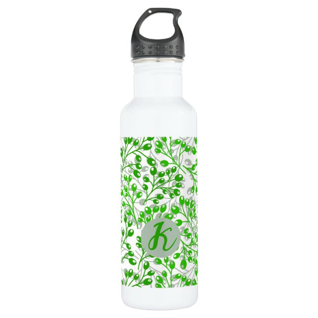 Bouteille D'eau Vert feuillet Motif Moderne Élégant Monogramme (Devant)