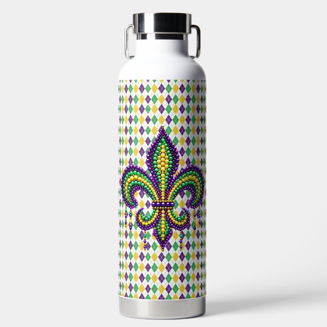 Bouteille D'eau Vert jaune pourpre Mardi Gras fleur de lis (Avant)