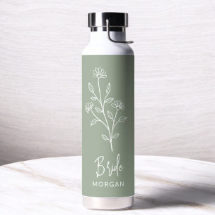 Bouteille D'eau Vert Sauge Mariée Nom Manuscrit Floral
