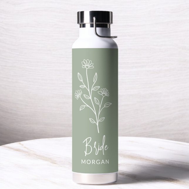 Bouteille D'eau Vert Sauge Mariée Nom Manuscrit Floral (Créateur téléchargé)