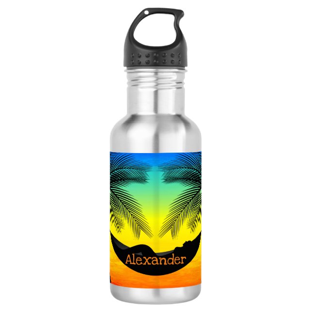 Bouteille D'eau Vie Tropicale Abstraite Palmier Silhouette Hamac (Devant)