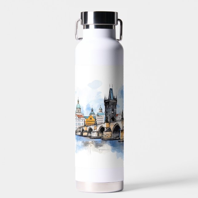 Bouteille D'eau Vieux Prague, aquarelle du pont Charles (Avant)