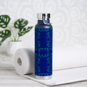 Bouteille D'eau Vignes abstraites vertes motif bleu