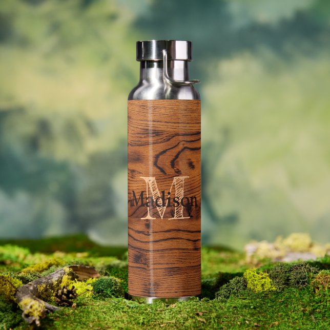 Bouteille D'eau Vintage bois brun brun roux Monogramme (Extérieur)