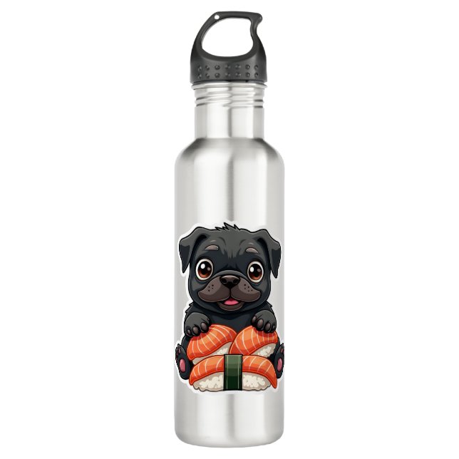 Bouteille D'eau Vintage Cute Black Pug Sushi Cartoon Vector Illust (Devant)