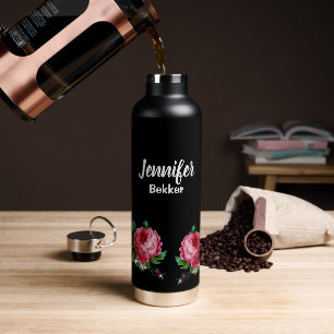 Bouteille D'eau Vintage rose fleur nom personnalisé noir