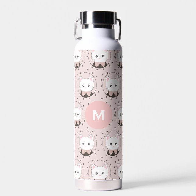 Bouteille D'eau Visage de Chat Mignon Motif à Points Roses Monogra (Avant)