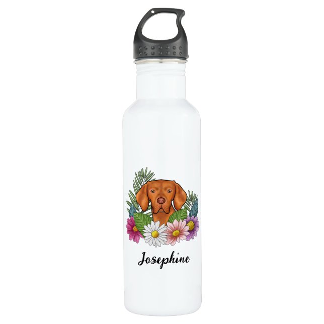 Bouteille D'eau Vizsla Hongroise Avec Fleurs Colorées Et Nom (Devant)