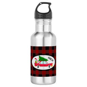 Bouteille D'eau Voiture rouge rétro portant un arbre de Noël