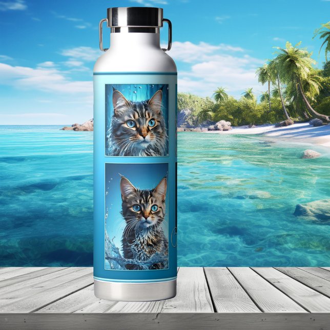 Bouteille D'eau Vos 4 Photos Turquoise Blue (Water bottle featuring your 4 photos on a turquoise blue gradient design)