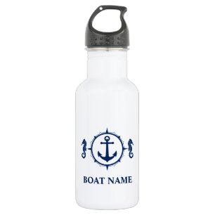 Bouteille D'eau Votre nom de bateau Ancre de Seahorse bleu Blanc