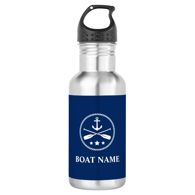 Bouteille D'eau Votre nom de bateau Ancre & Oars Navy Blue (Devant)