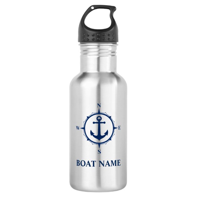 Bouteille D'eau Votre nom de bateau Bleu Ancre Compass (Devant)