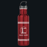 Bouteille D'eau Votre nom de bateau Lighthouse blanc rayé rouge<br><div class="desc">Votre nom personnalisé,  nom de bateau ou texte avec un phare nautique sur une bouteille d'eau en acier inoxydable rouge rayé.</div>