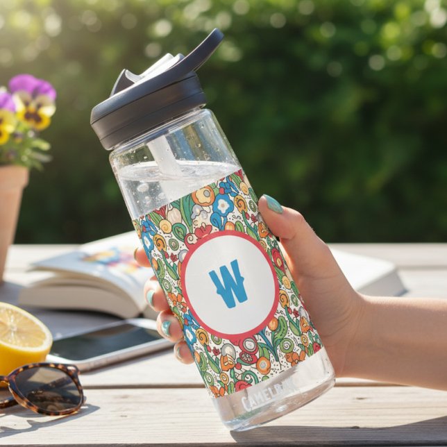 Bouteille D'eau Whimsical Floral Doodle Pattern Monogrammed (Whimsical floral initial water bottle)