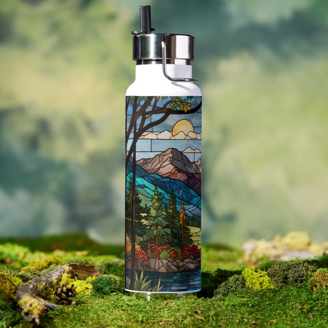Bouteille D'eau Woodland mountain scene vintage stain glass (Extérieur (pivotée))