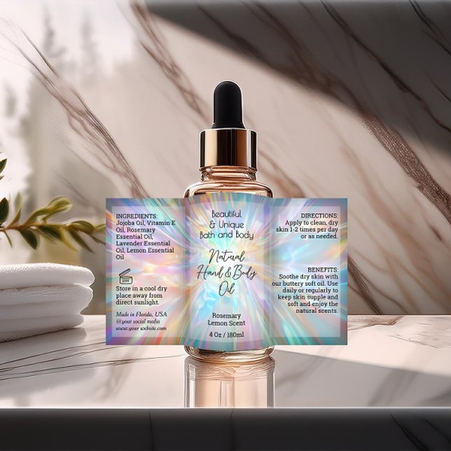 Bouteille Iridescente Étiquette 4oz Produit de gou (rainbow iridescent oil bottle product label)